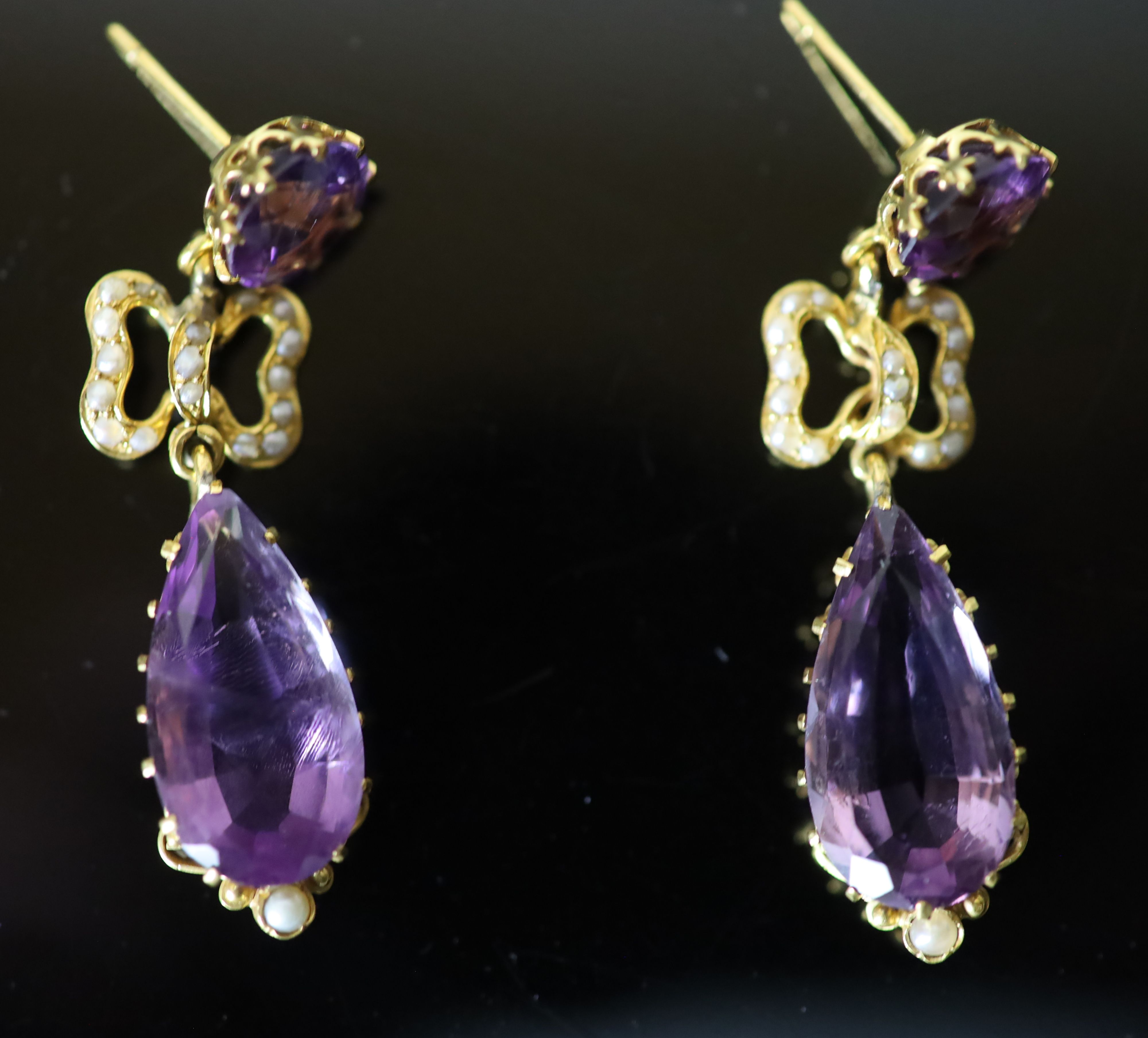 A pair of Victorian style gold, pear and round cut amethyst and seed pearl cluster set drop earrings,
